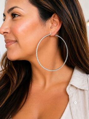 Oversized Siver Rhinestone-Accented Hoop Earrings - Women's Jewelry